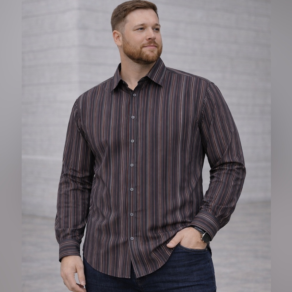 Pronto Uomo Non Iron Dress Shirt Mens Large Brown Stripe Long Sleeve Button Up